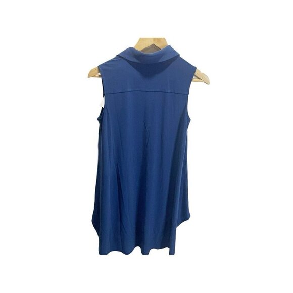 Women With Control Blue XSP Tunic Collared V Neck Pockets Sleeveless Hi Low Hem - Picture 2 of 4